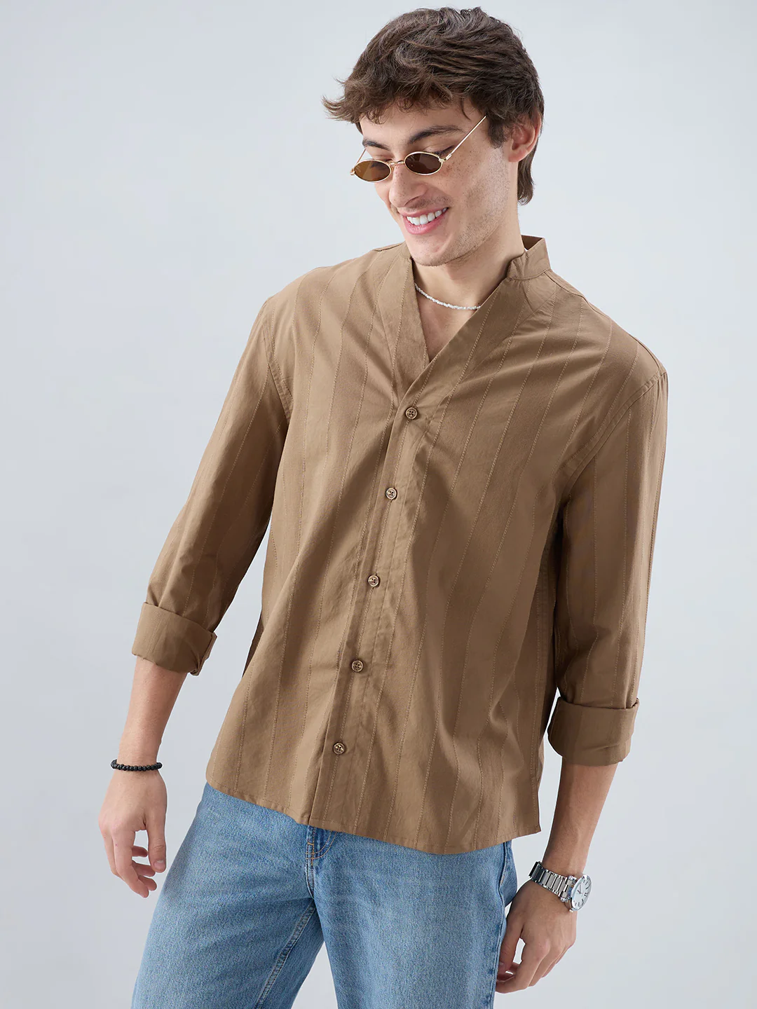 Bark Brown Panel Textured Stand Collar Oversized Shirt - Image 5