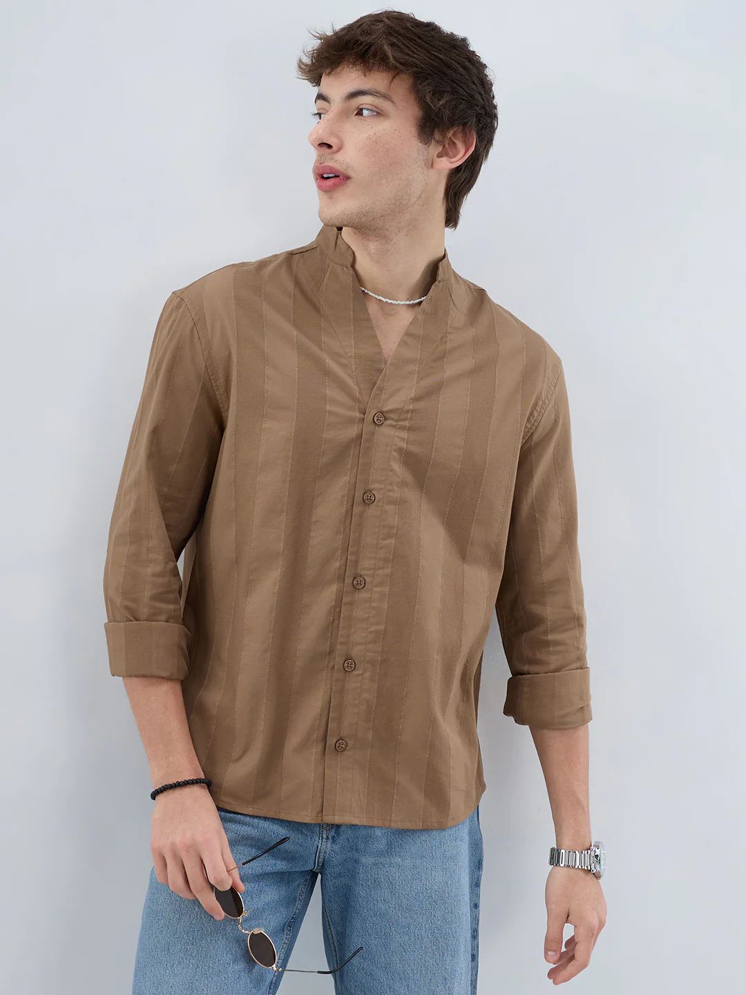Bark Brown Panel Textured Stand Collar Oversized Shirt - Image 6