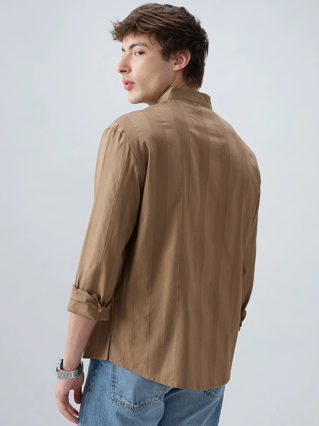 Bark Brown Panel Textured Stand Collar Oversized Shirt - Image 7