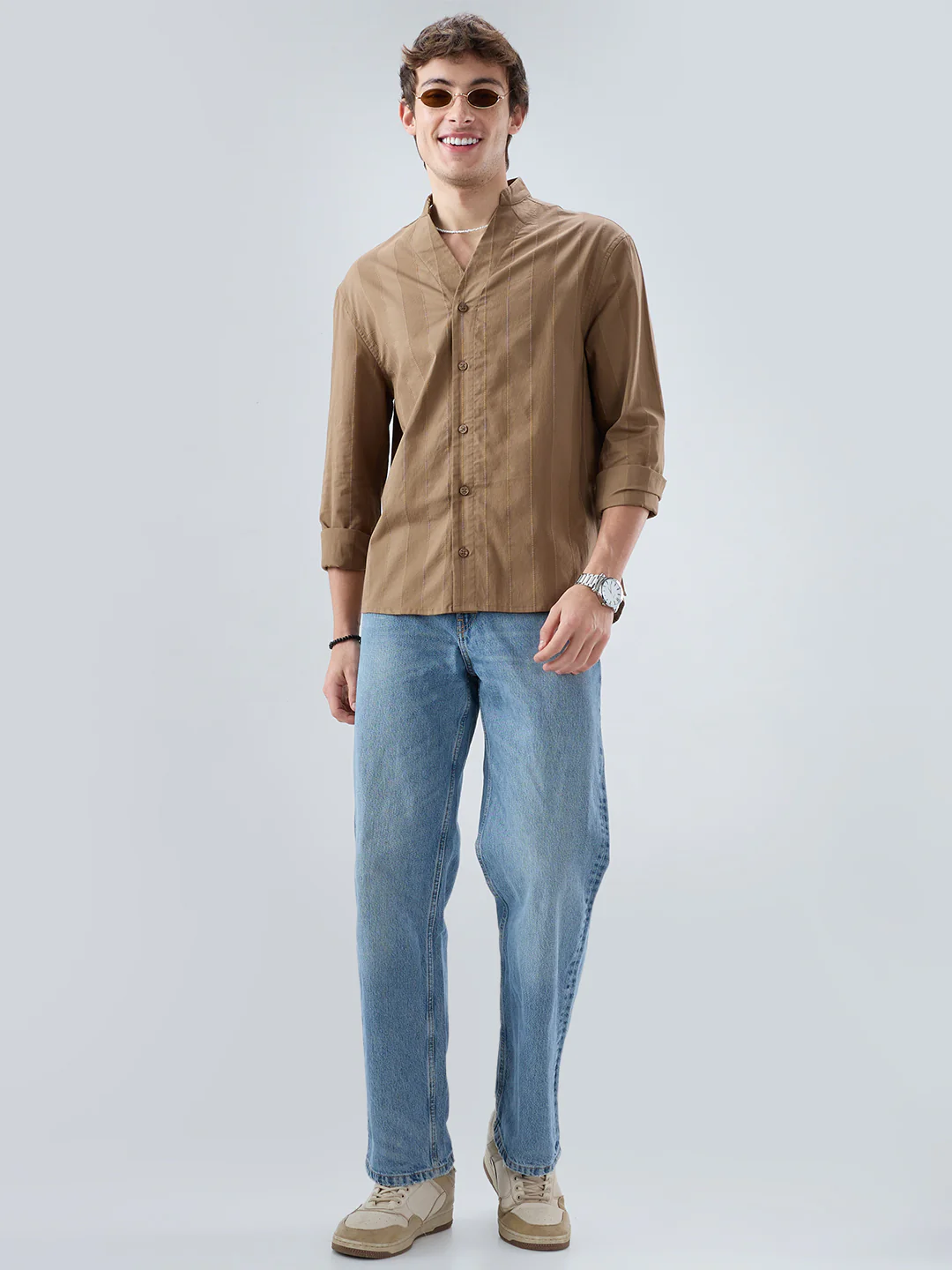 Bark Brown Panel Textured Stand Collar Oversized Shirt - Image 8