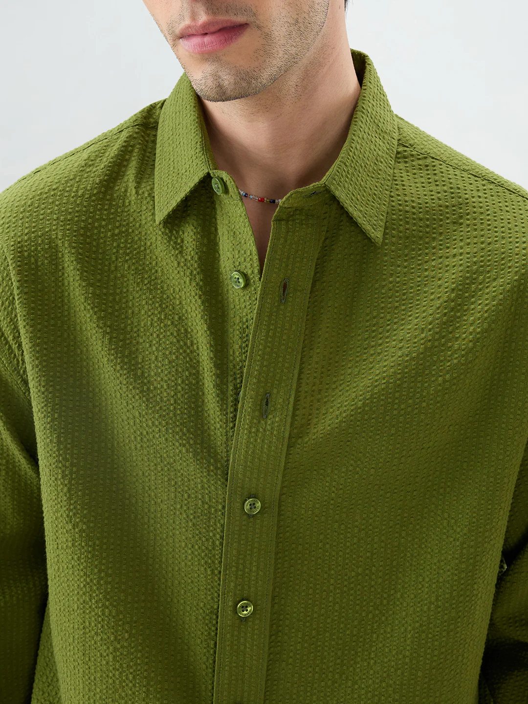 Basil Green Seersucker Striped Boxy Fit Crop Shirt - Image 3
