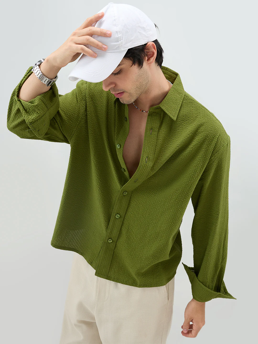 Basil Green Seersucker Striped Boxy Fit Crop Shirt - Image 4