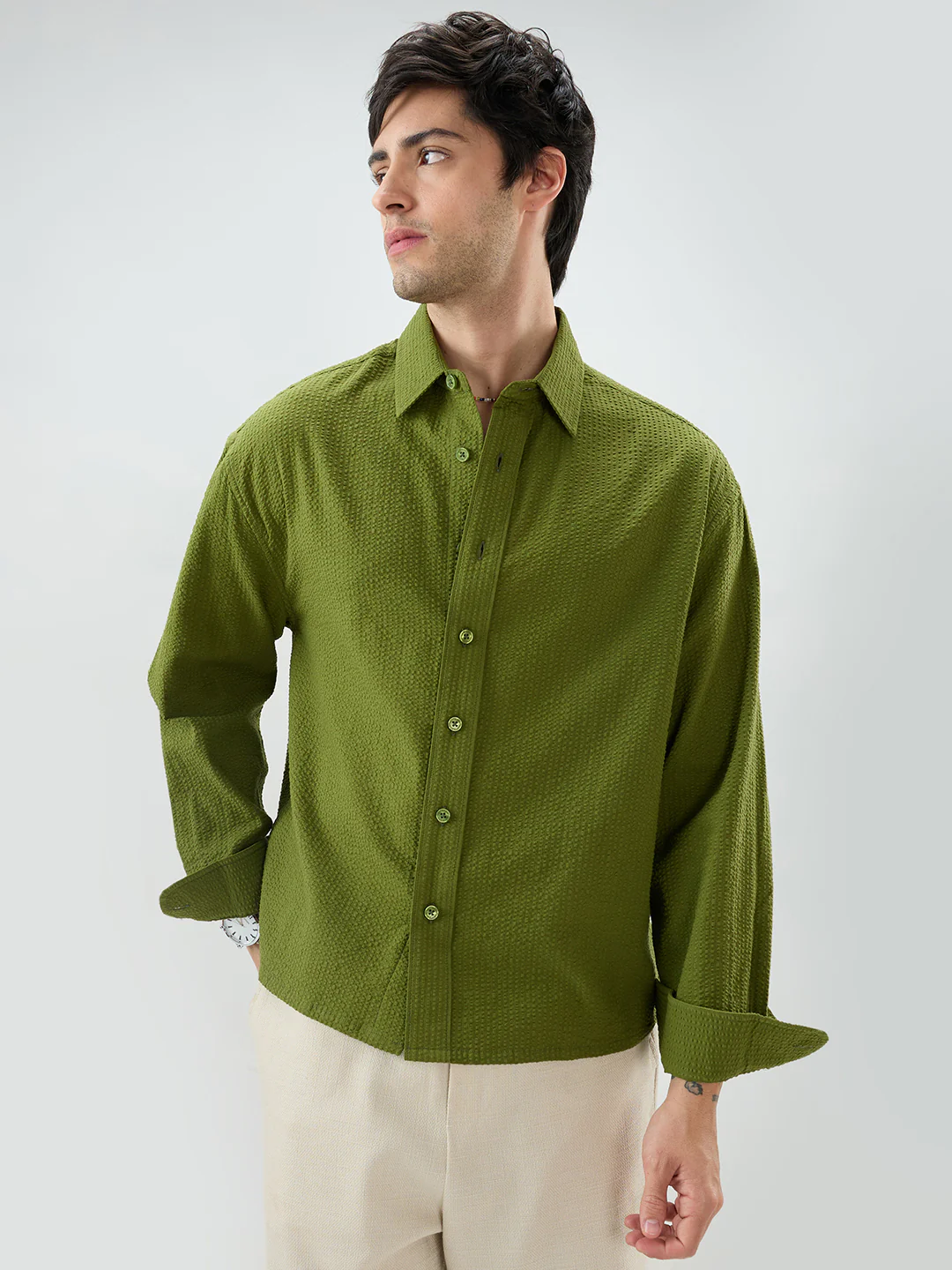 Basil Green Seersucker Striped Boxy Fit Crop Shirt - Image 5