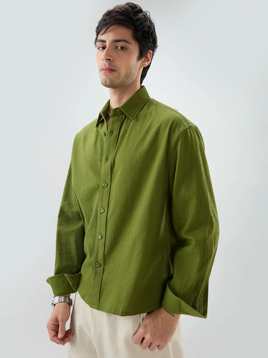 Basil Green Seersucker Striped Boxy Fit Crop Shirt - Image 6