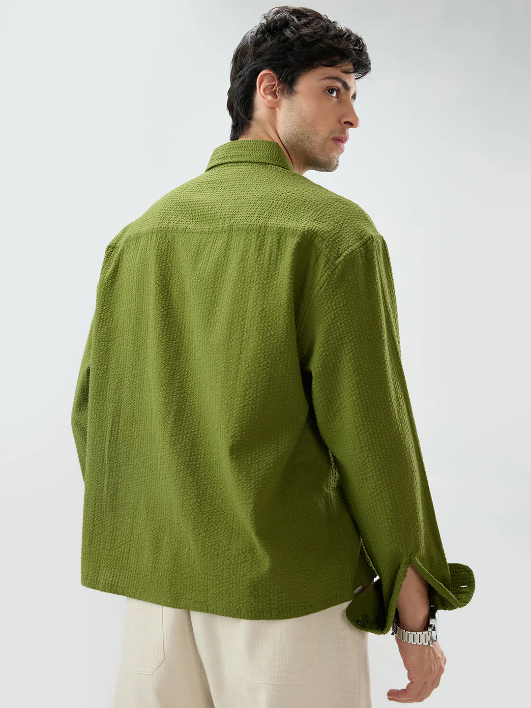 Basil Green Seersucker Striped Boxy Fit Crop Shirt - Image 7