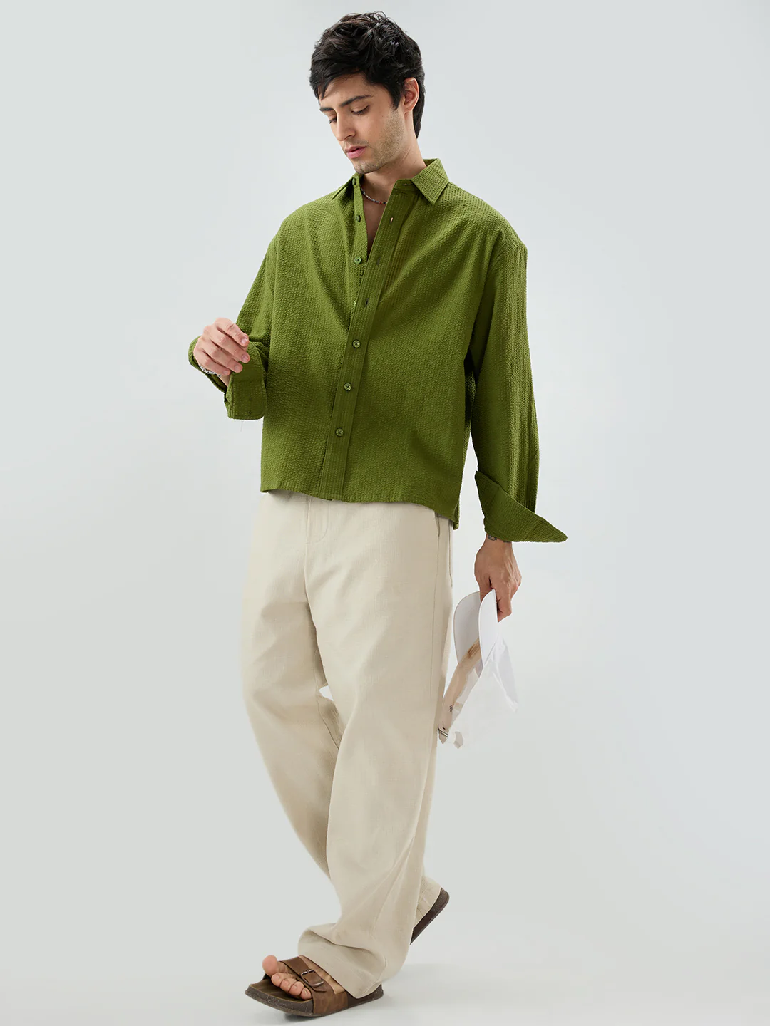 Basil Green Seersucker Striped Boxy Fit Crop Shirt - Image 8
