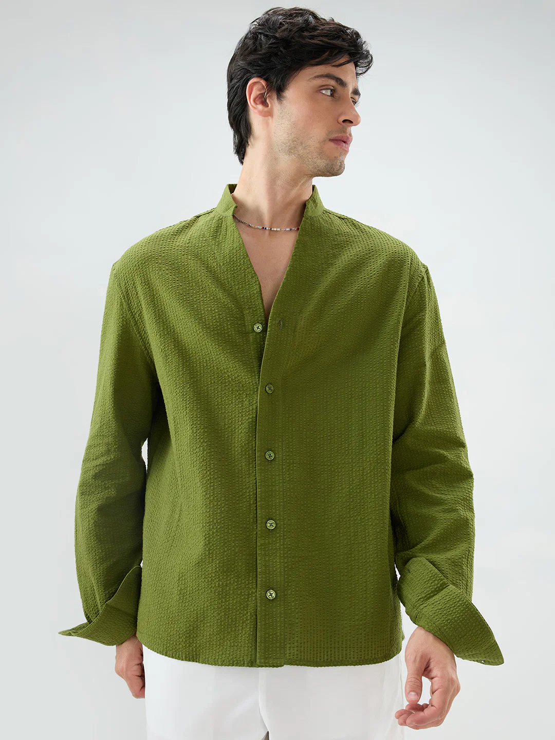 Basil Green Seersucker Striped Stand Collar Oversized Shirt - Image 5