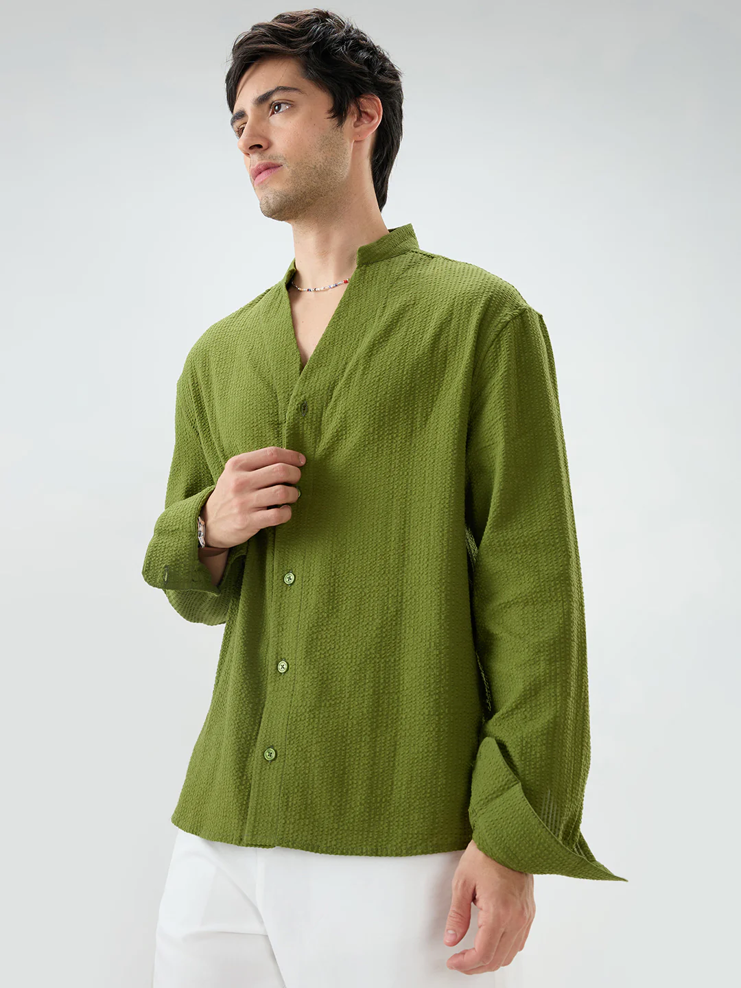 Basil Green Seersucker Striped Stand Collar Oversized Shirt - Image 6