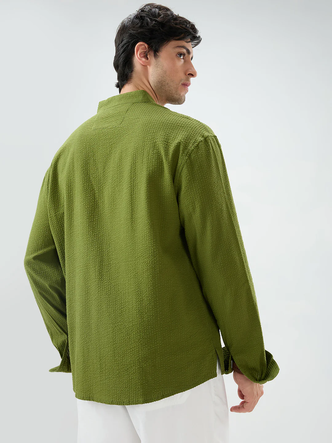 Basil Green Seersucker Striped Stand Collar Oversized Shirt - Image 7