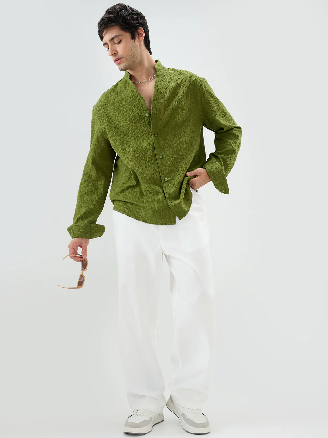 Basil Green Seersucker Striped Stand Collar Oversized Shirt - Image 8
