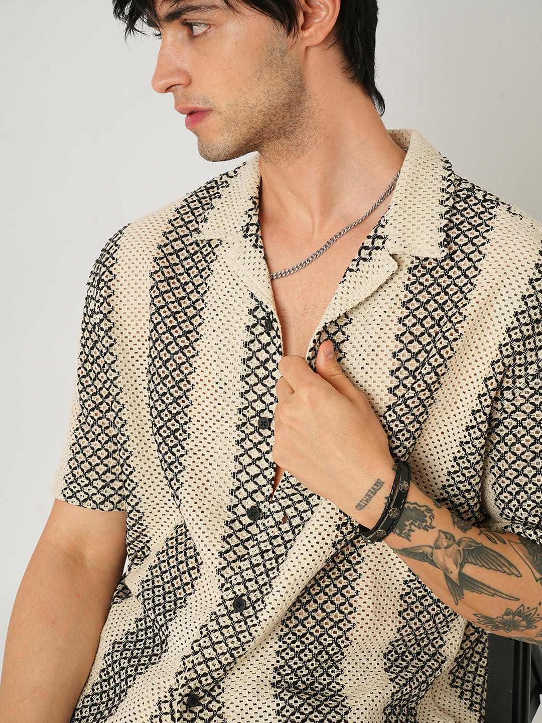 Beige & Black Crochet Oversized Shirt - Image 2