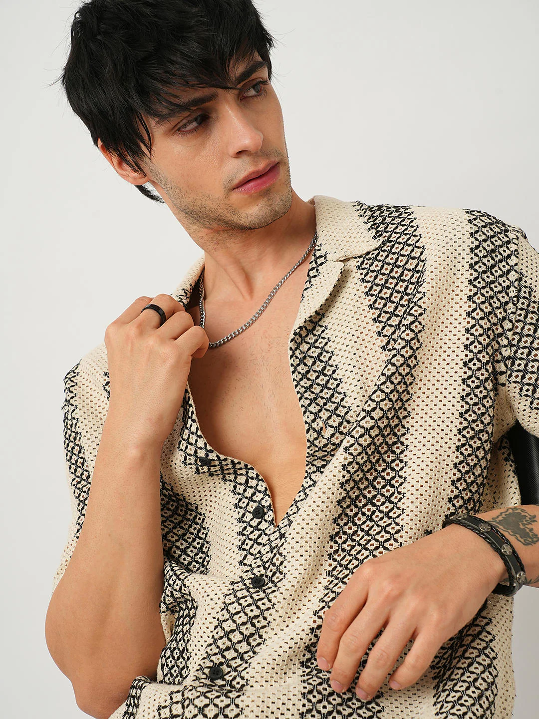 Beige & Black Crochet Oversized Shirt - Image 3