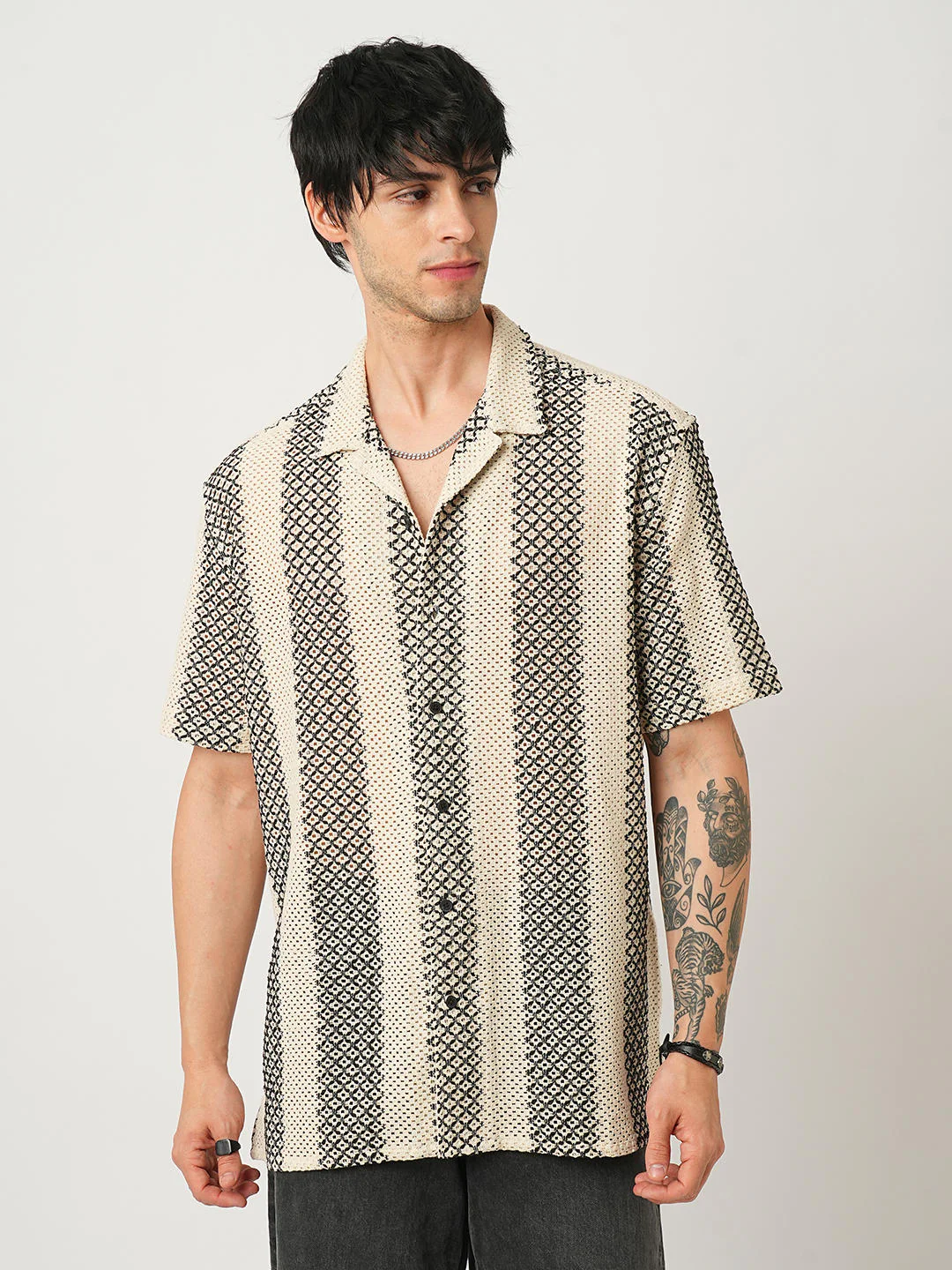 Beige & Black Crochet Oversized Shirt - Image 4