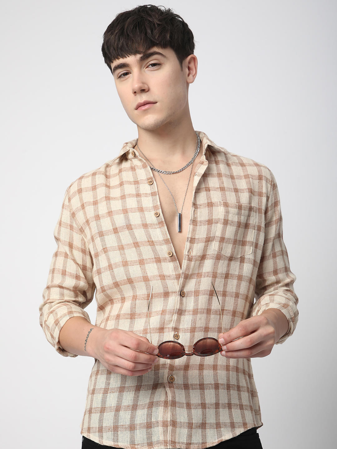 Beige & Brown Buffalo Checked Burlap Shirt - Image 2