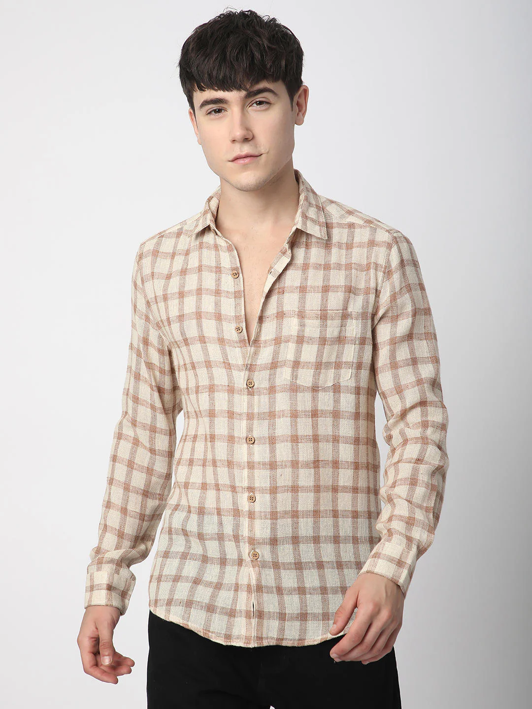 Beige & Brown Buffalo Checked Burlap Shirt - Image 4