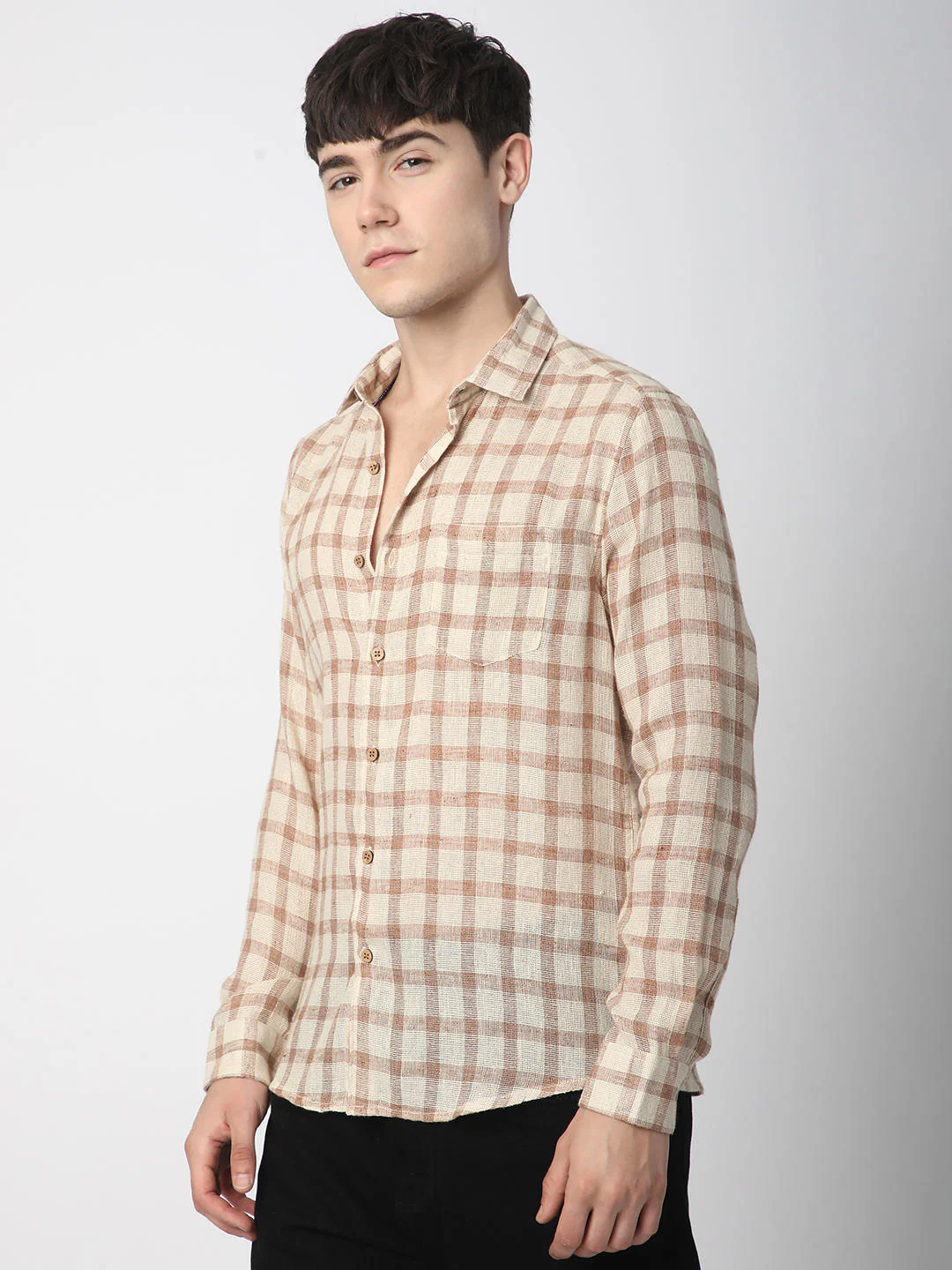 Beige & Brown Buffalo Checked Burlap Shirt - Image 5