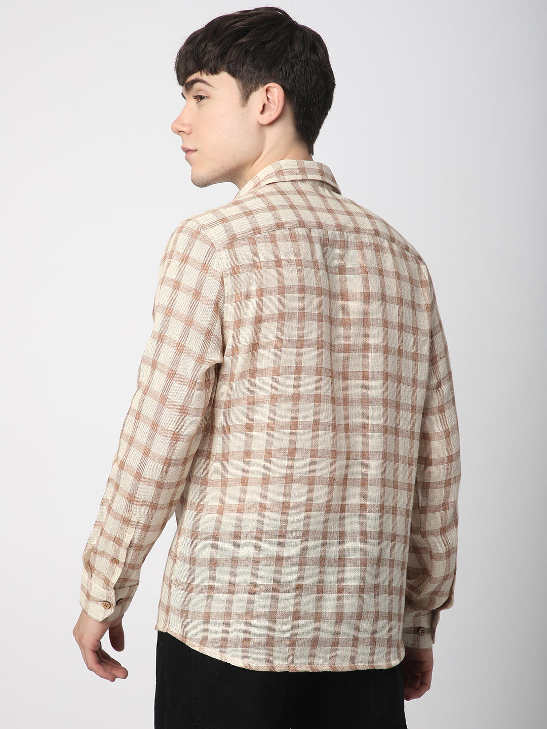Beige & Brown Buffalo Checked Burlap Shirt - Image 6