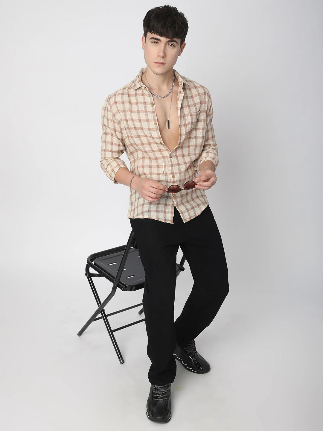Beige & Brown Buffalo Checked Burlap Shirt - Image 7