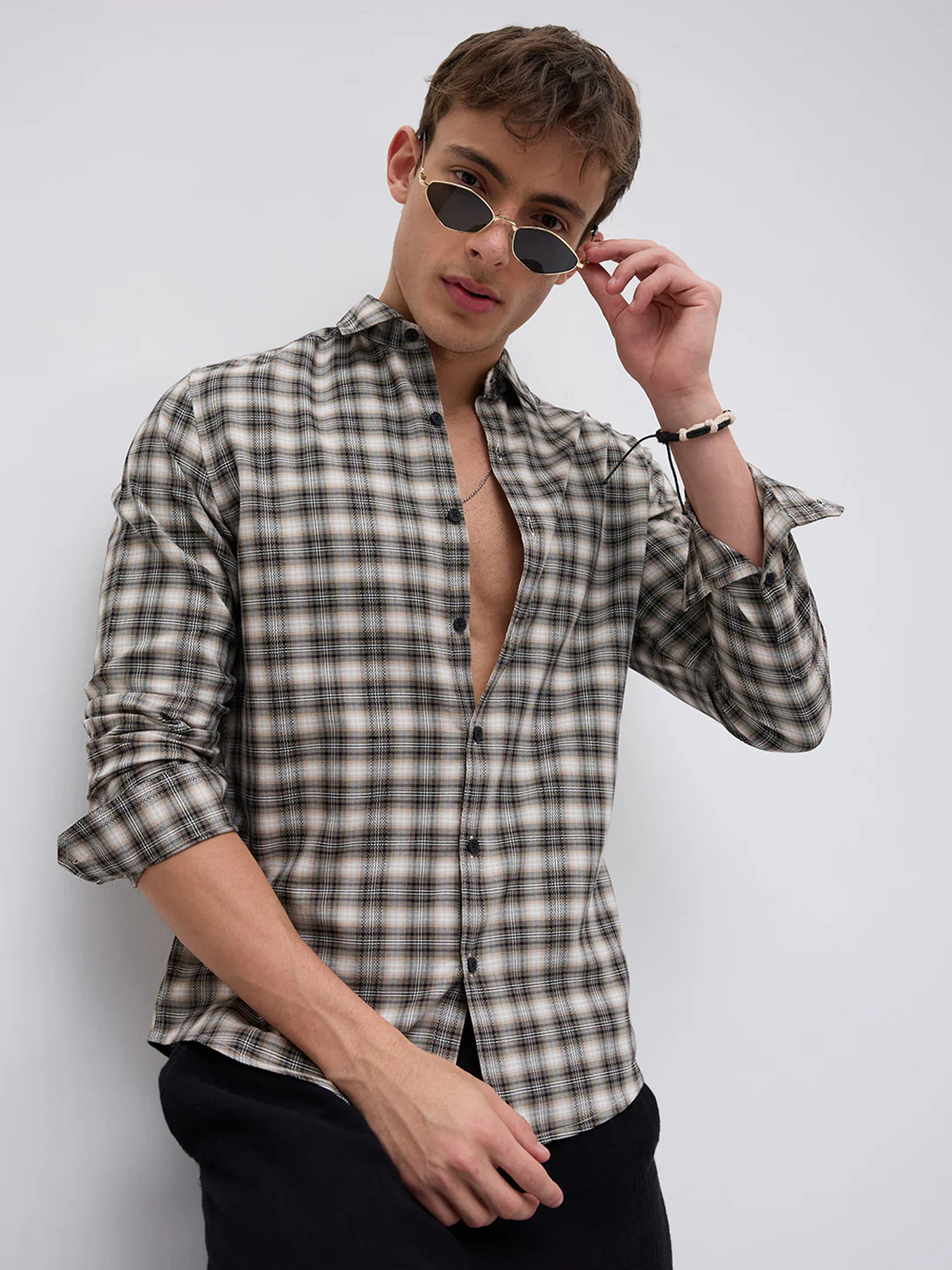 Beige & Black Interlock Plaid Checks Textured Shirt - Image 4