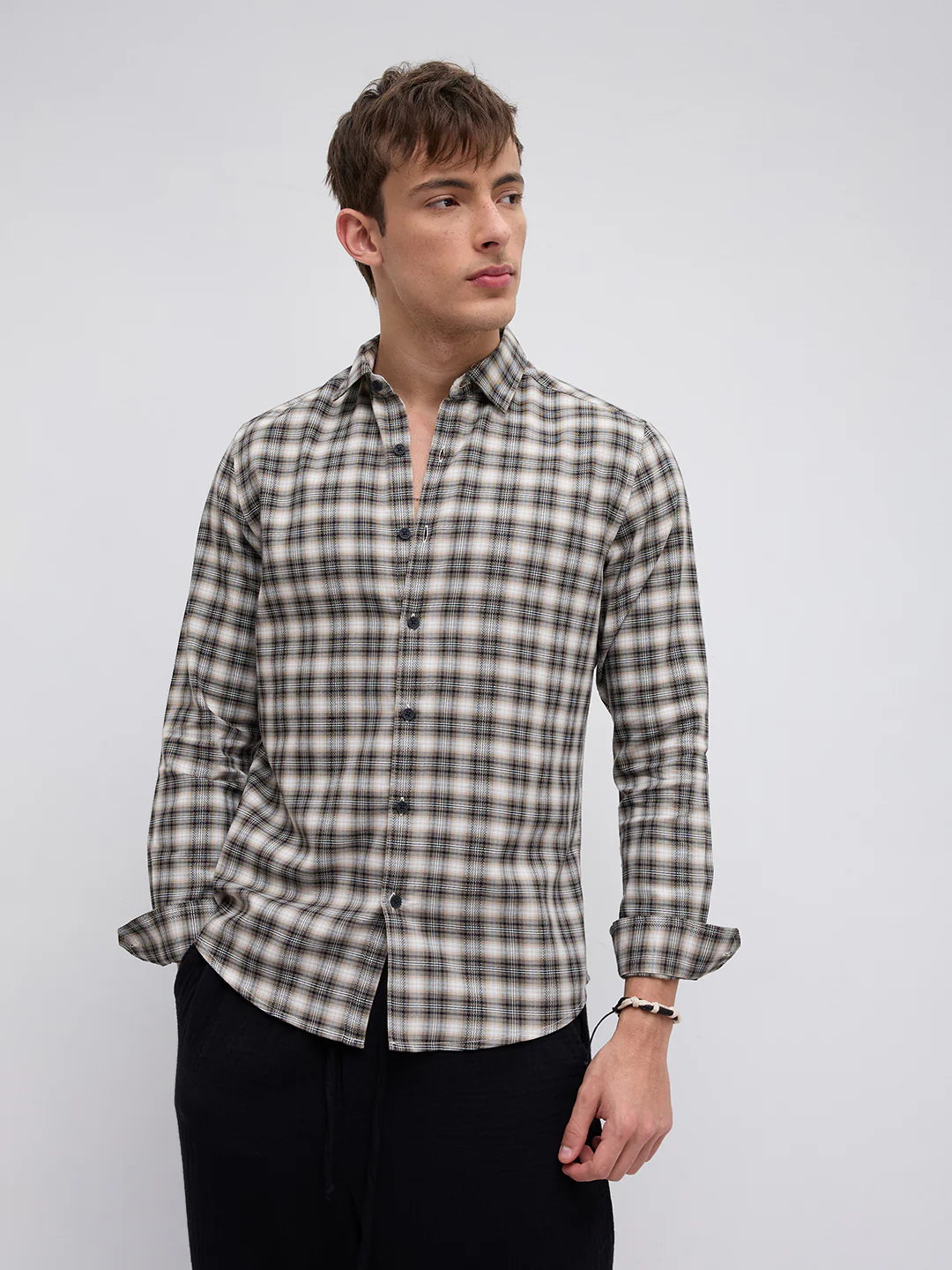 Beige & Black Interlock Plaid Checks Textured Shirt - Image 5