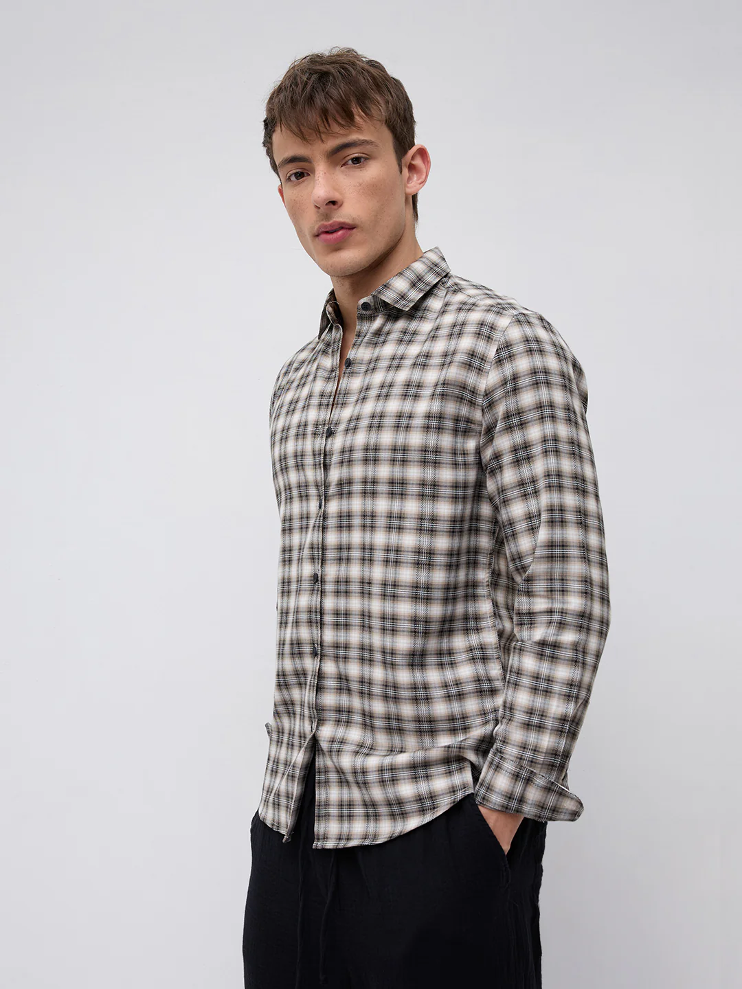 Beige & Black Interlock Plaid Checks Textured Shirt - Image 6