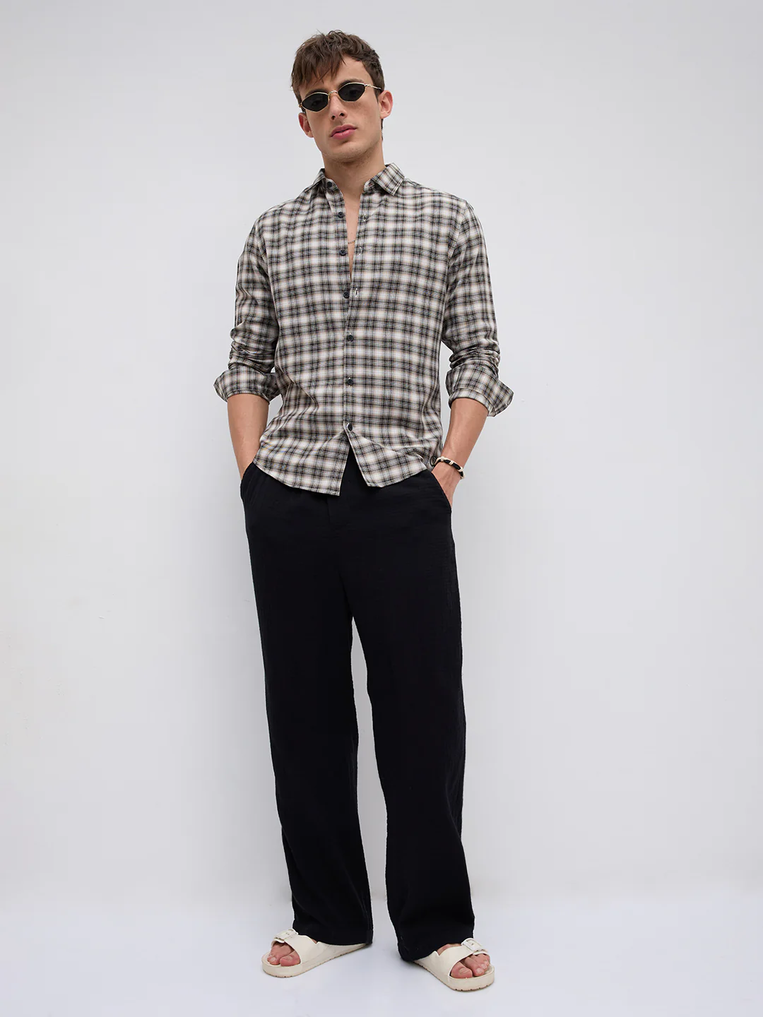 Beige & Black Interlock Plaid Checks Textured Shirt - Image 8