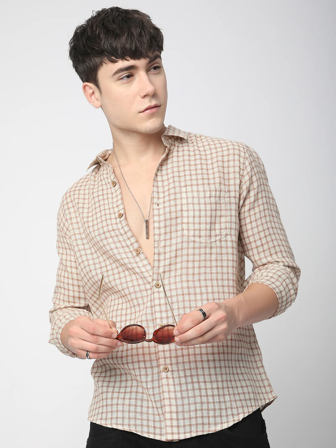 Beige & Brown Gingham Checkered Burlap Shirt - Image 2