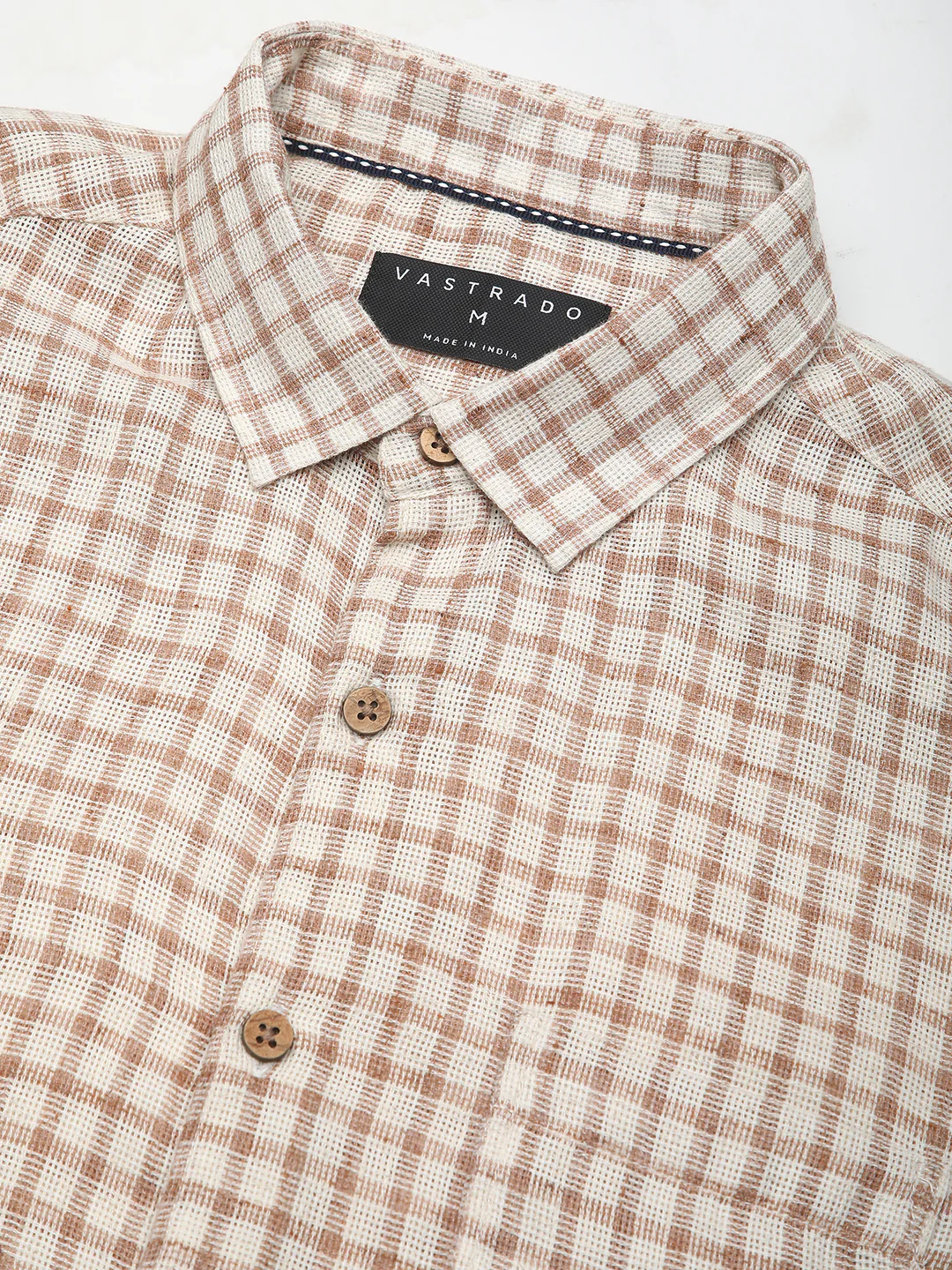 Beige & Brown Gingham Checkered Burlap Shirt - Image 3