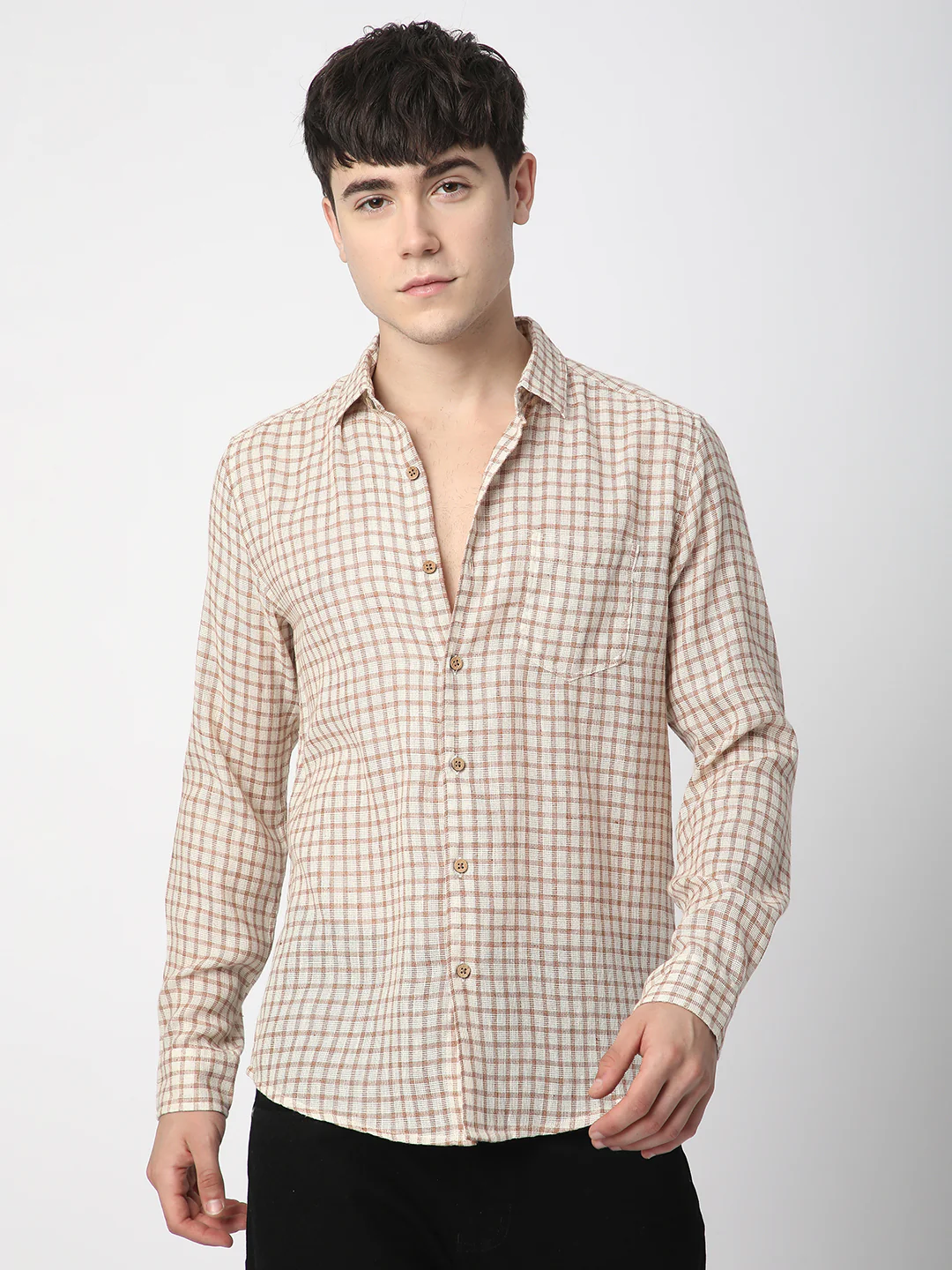 Beige & Brown Gingham Checkered Burlap Shirt - Image 4