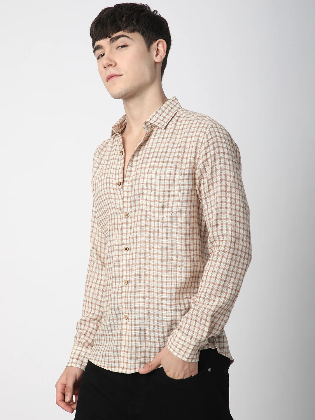 Beige & Brown Gingham Checkered Burlap Shirt - Image 5