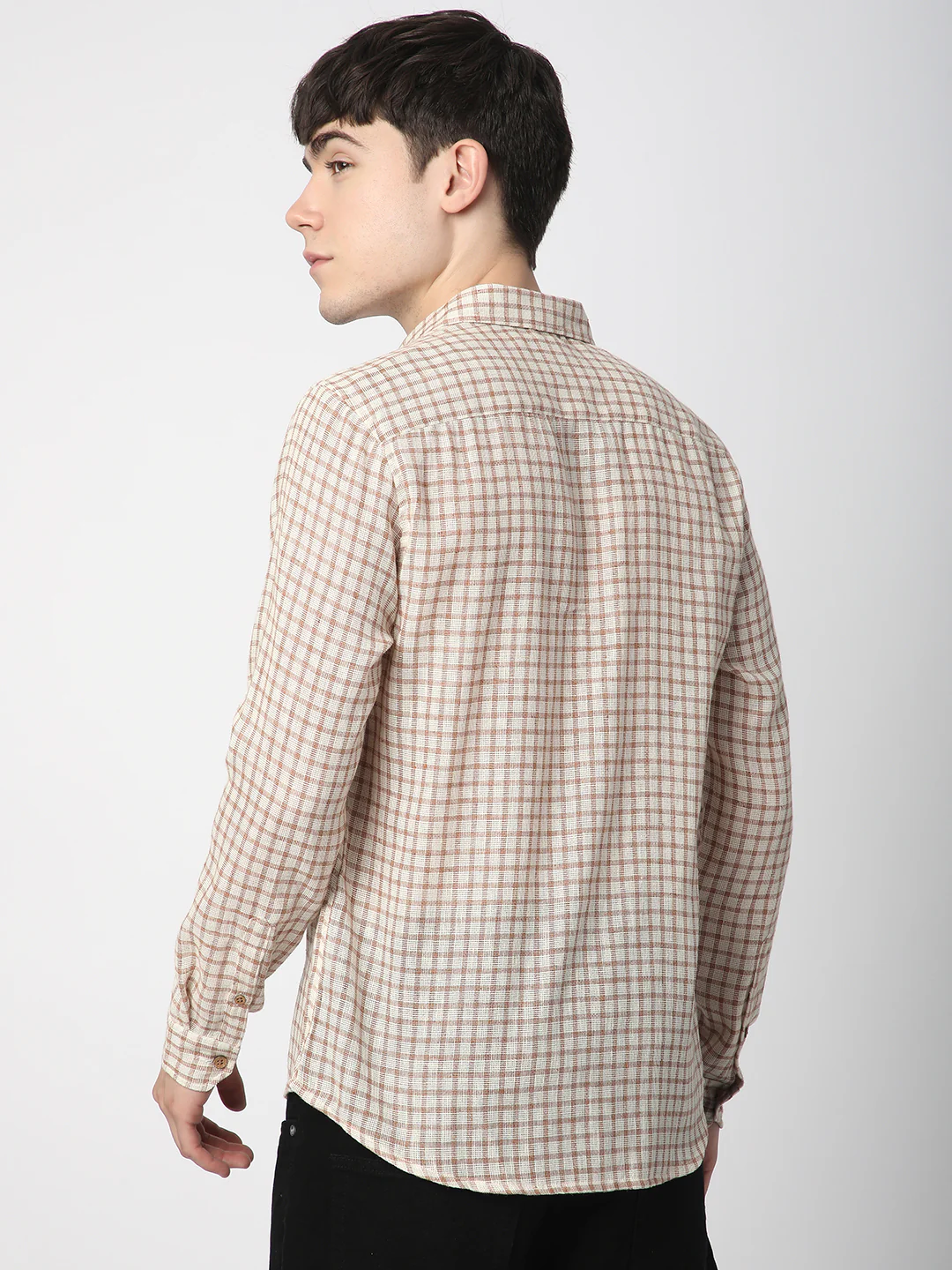 Beige & Brown Gingham Checkered Burlap Shirt - Image 6