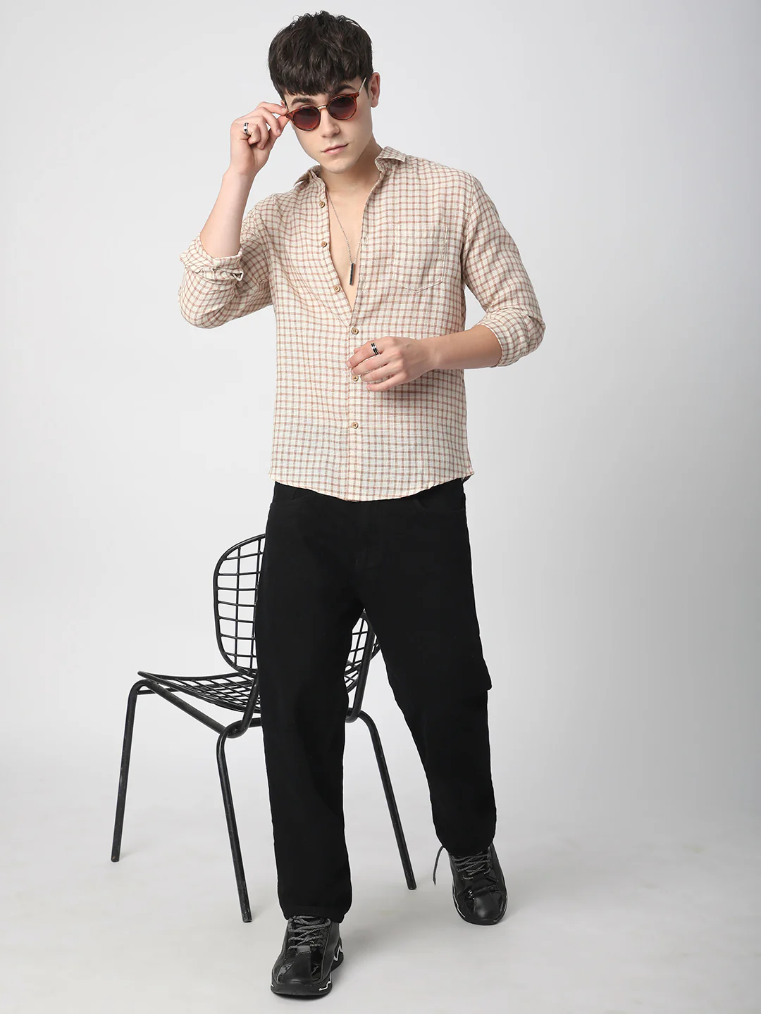 Beige & Brown Gingham Checkered Burlap Shirt - Image 7
