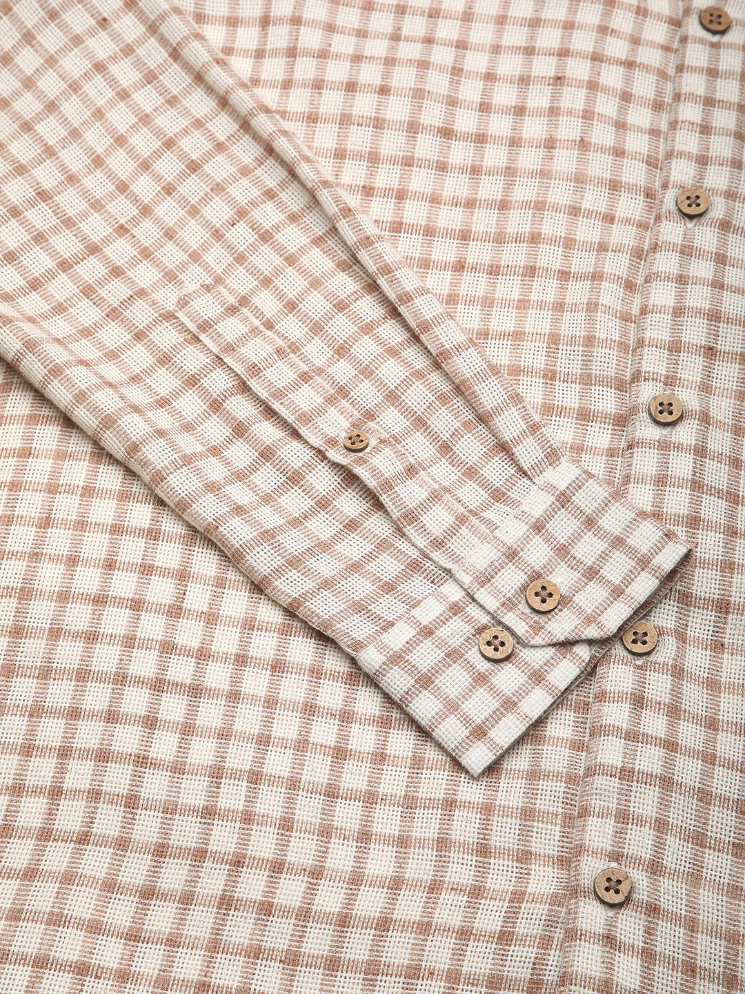 Beige & Brown Gingham Checkered Burlap Shirt - Image 8