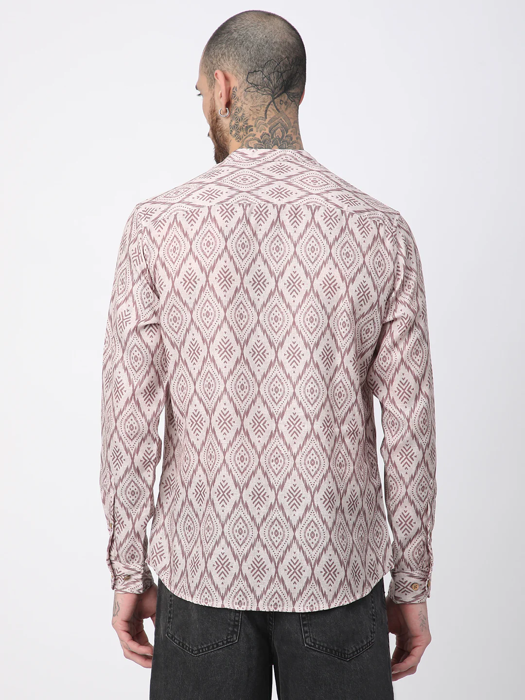 Beige & Brown Ikat Printed Mandarin Collar Shirt - Image 6