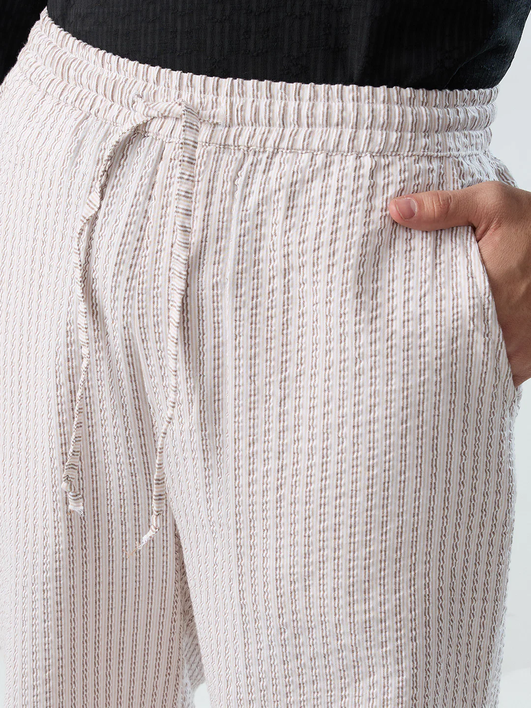 Beige & Brown Seersucker Stripes Straight-Fit Trousers - Image 3