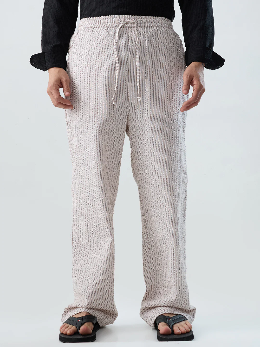 Beige & Brown Seersucker Stripes Straight-Fit Trousers - Image 4
