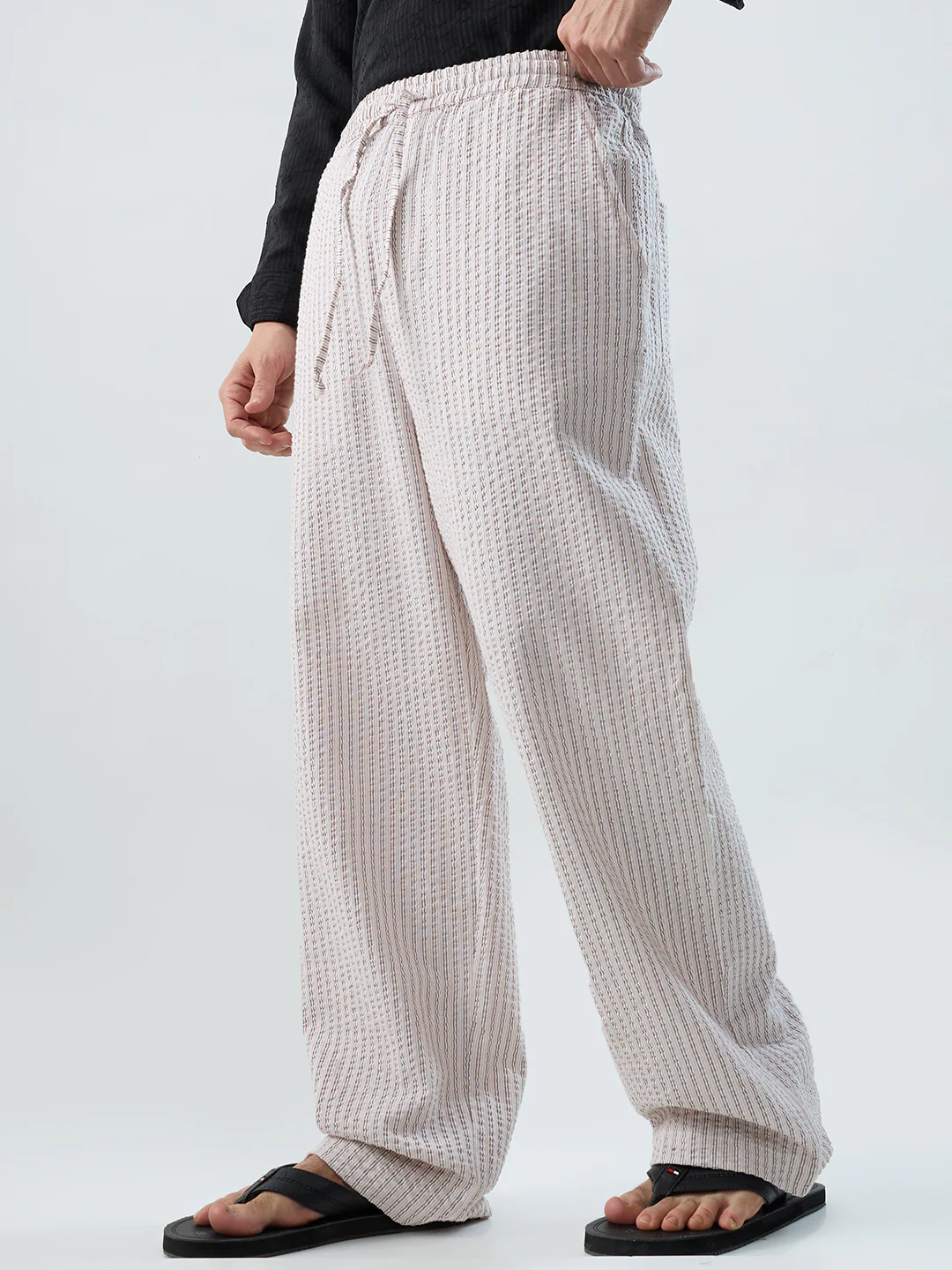 Beige & Brown Seersucker Stripes Straight-Fit Trousers - Image 6