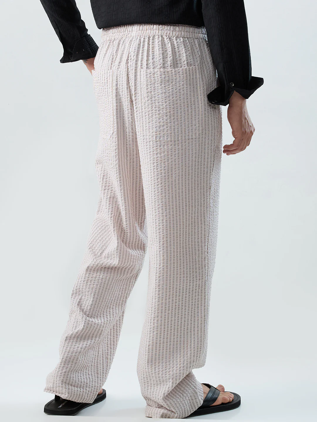 Beige & Brown Seersucker Stripes Straight-Fit Trousers - Image 7