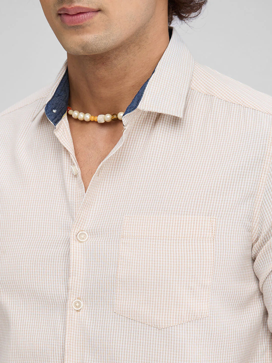 Beige Checked Seersucker Shirt - Image 3