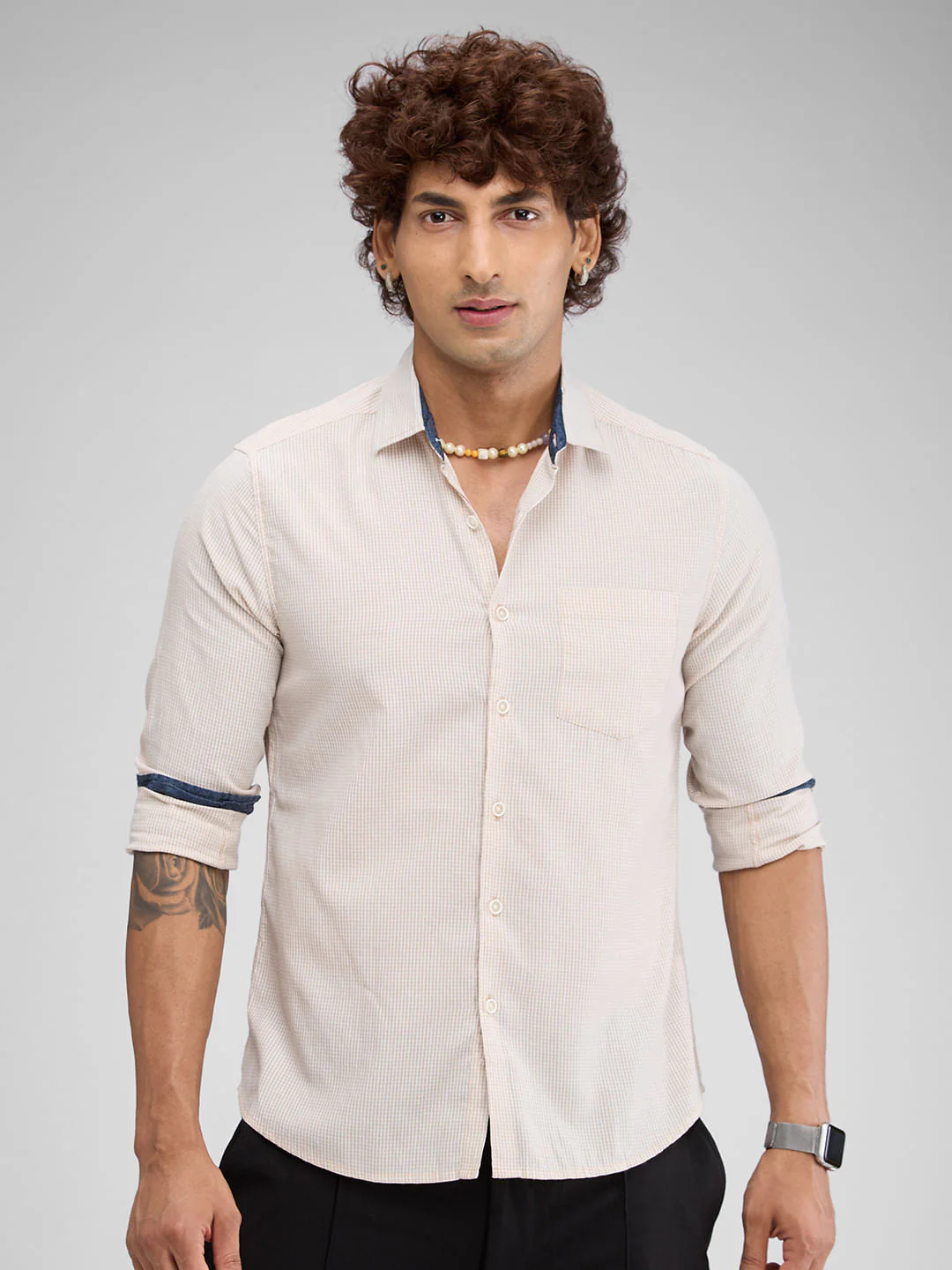 Beige Checked Seersucker Shirt - Image 4