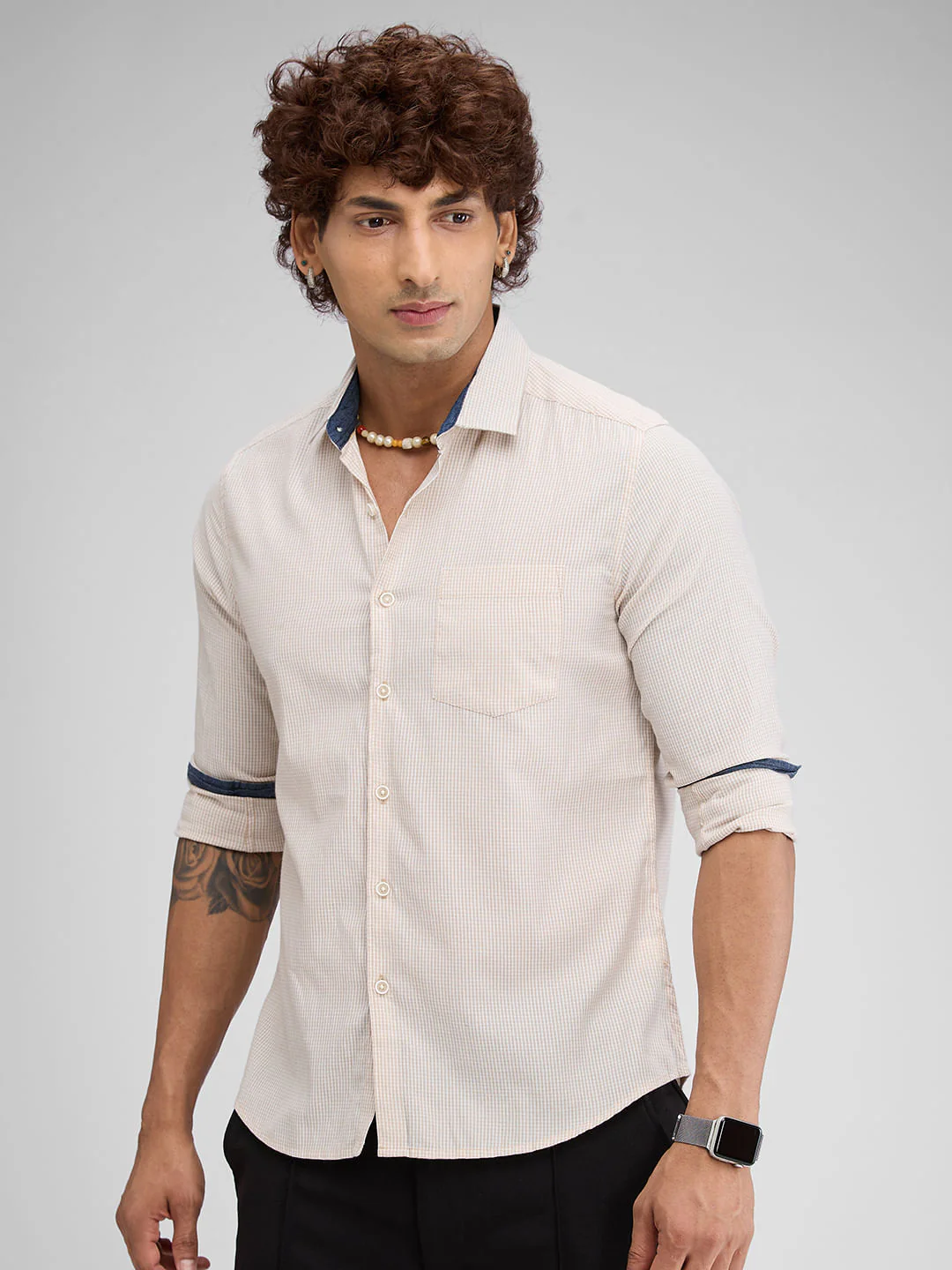 Beige Checked Seersucker Shirt - Image 5