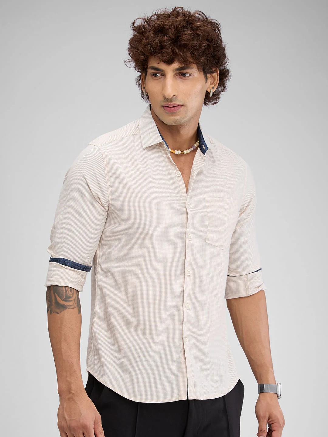 Beige Checked Seersucker Shirt - Image 6