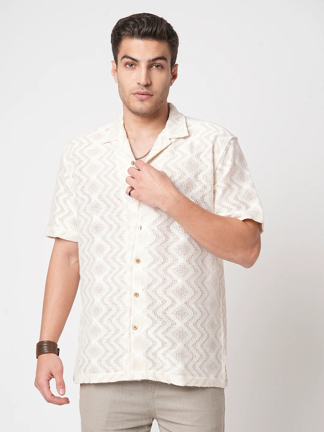 Beige Crochet Notch Collar Oversized Shirt - Image 2