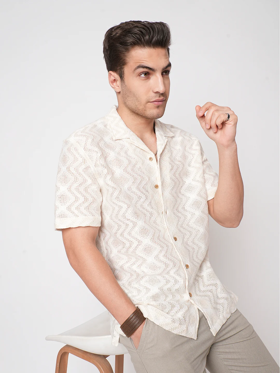 Beige Crochet Notch Collar Oversized Shirt - Image 3