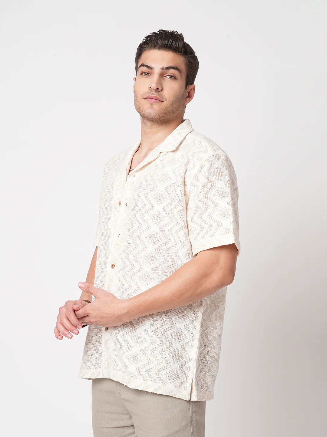 Beige Crochet Notch Collar Oversized Shirt - Image 4