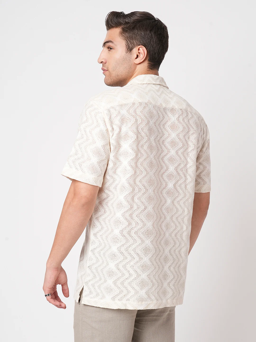 Beige Crochet Notch Collar Oversized Shirt - Image 5