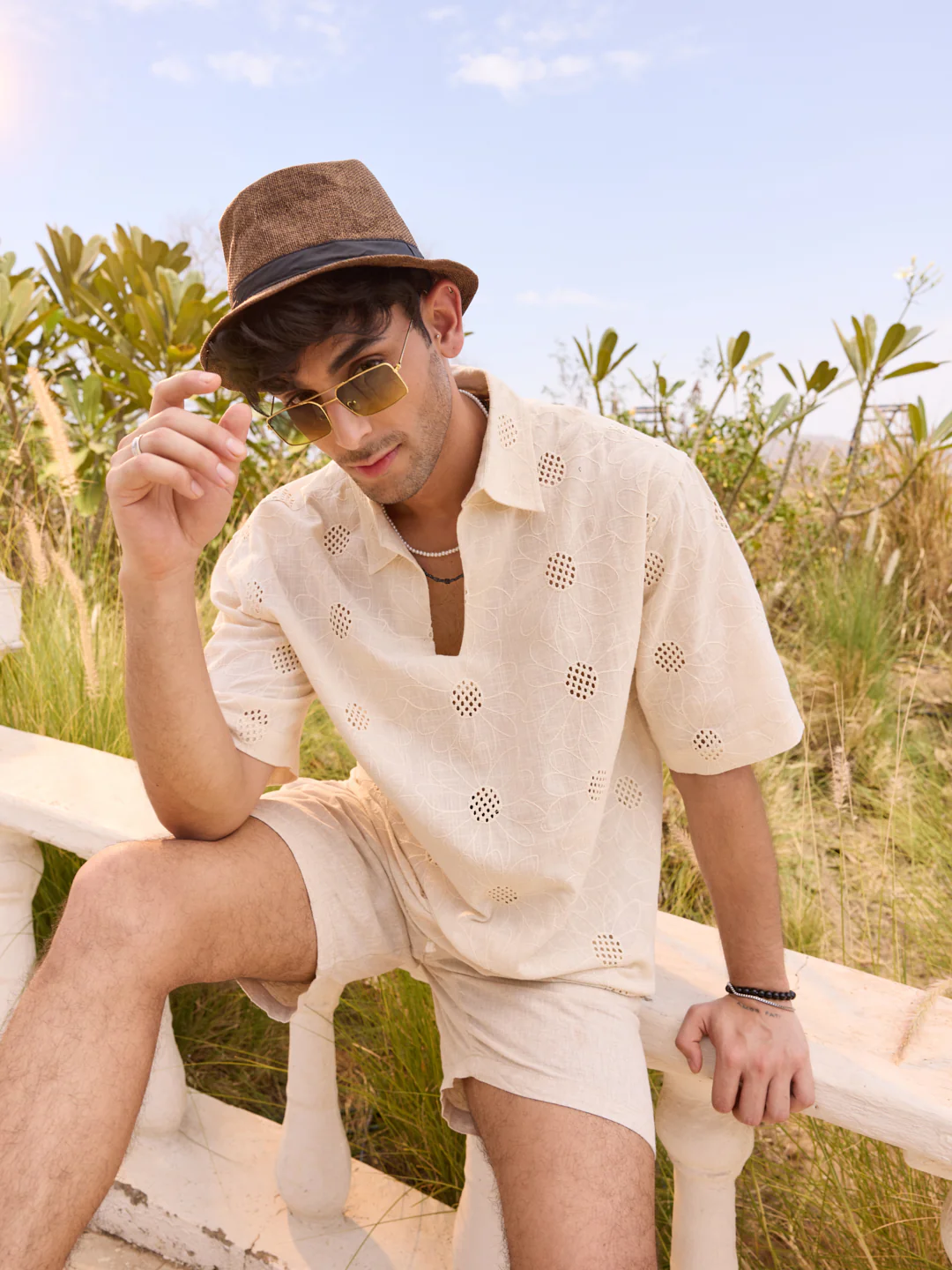 Beige Floral Embroidered Oversized Polo Shirt - Image 2