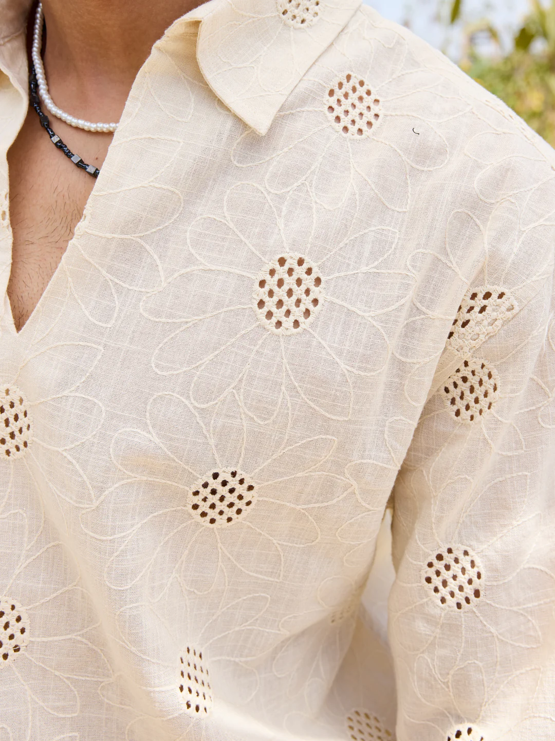 Beige Floral Embroidered Oversized Polo Shirt - Image 3