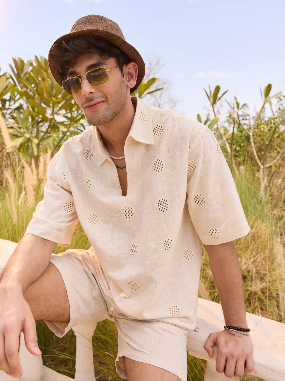 Beige Floral Embroidered Oversized Polo Shirt - Image 4