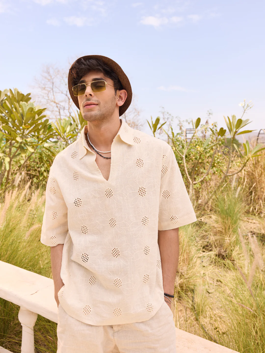 Beige Floral Embroidered Oversized Polo Shirt - Image 5